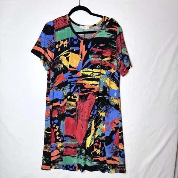 Jess & Jane Aspen Dress Sz L Bold Abstract Comfortable Artsy Art Wear Colorful - Picture 1 of 11